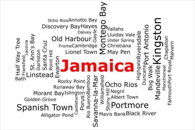Tagcloud of the most populous cities in Jamaica. The title is red and all the cities are black on the white background. There are cities like Kingston and Spanish Town. clipart