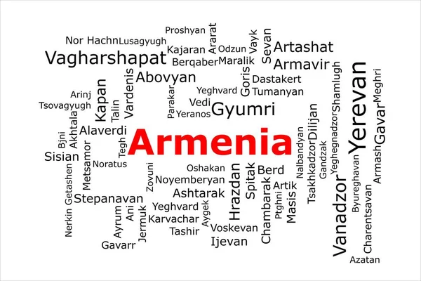 亚美尼亚人口最多的城市的塔格云 标题是红色的 所有城市都是黑色的 背景是白色的 像埃里温和Vagharshape At这样的城市 — 图库照片