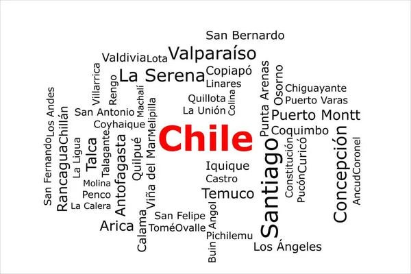 칠레에서 인구가 도시들의 구름입니다 제목은 빨간색이고 도시는 하얀색 배경에 색이다 — 스톡 사진
