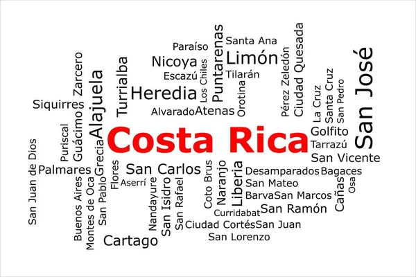哥斯达黎加人口最多的城市的塔格云 标题是红色的 所有城市都是黑色的 背景是白色的 像圣何塞和赫里迪亚这样的城市 — 图库照片