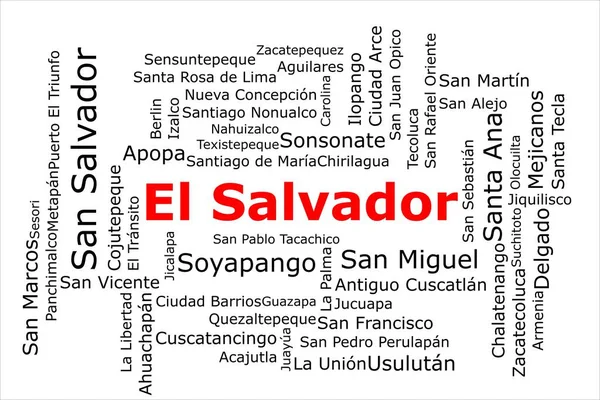エルサルバドルで最も人口の多い都市のTagcloud タイトルは赤で すべての都市は白の背景に黒です サンサルバドルやサンミゲルのような都市があります — ストック写真