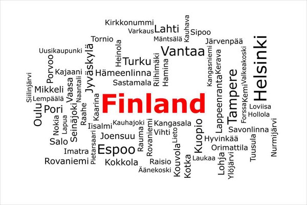 Tagcloud of the most populous cities in Finland. The title is red and all the cities are black on the white background. There are cities like Helsinki and Espoo.