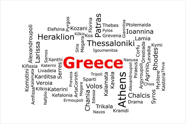 그리스에서 인구가 도시들의 구름이다 제목은 빨간색이고 도시는 하얀색 배경에 색이다 — 스톡 사진