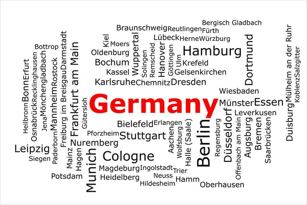 Stock image Tagcloud of the most populous cities in Germany. The title is red and all the cities are black on the white background. There are cities like Berlin and Hamburg.