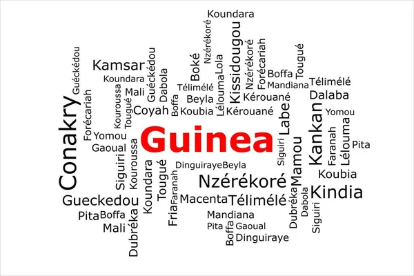 기니에서 인구가 도시들의 구름이다 제목은 빨간색이고 도시는 하얀색 배경에 색이다 — 스톡 사진