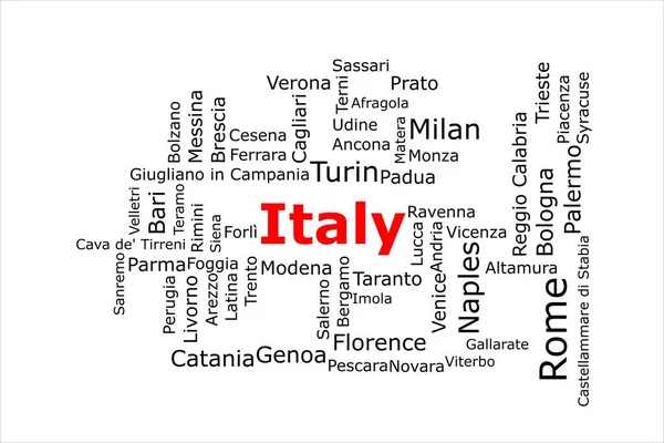 stock image Tagcloud of the most populous cities in Italy. The title is red and all the cities are black on the white background. There are cities like Rome and Milan.