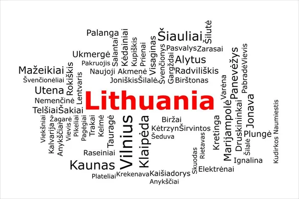 구름은 리투아니아에서 인구가 도시들의 모습입니다 제목은 빨간색이고 도시는 하얀색 배경에 — 스톡 사진