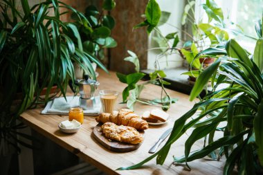 Çöreklerle kahvaltı ve bitki dolu güzel bir masada servis edilen kahve. Ev kavramının tadını çıkarıyorum..