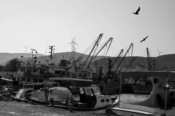 Many Boats Appearing Shore Small Seaside Town Black White Boats — Stock Photo, Image