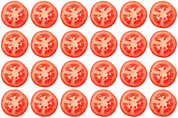 Patrón Sin Costuras Tomates Rojos Enteros Cortados Sobre Fondo Color —  Fotos de Stock