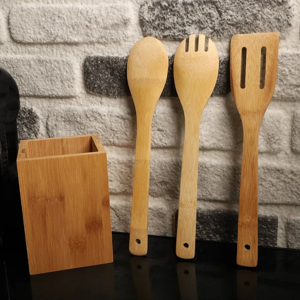 Wooden Bamboo Utensil Holder, bamboo kitchen utensils, Bamboo Utensil Holder, Garden Salad, Bamboo Salad Set, close-up and concept shot. e-commerce photos, free space for writing,