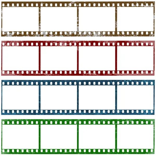 Four pictures film strip texture with blank space, isolated white background. Old grunge movie film long strip, vintage filmstrip roll frame.