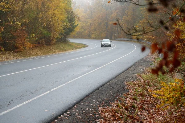 Straße Herbst Nebel Und Gefährliche Autofahrten Der Wintersaison Schlechtes Wetter — Stockfoto