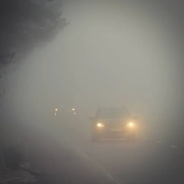 Cars in the fog. Traffic on the road in winter in bad weather. Dangers of driving cars.