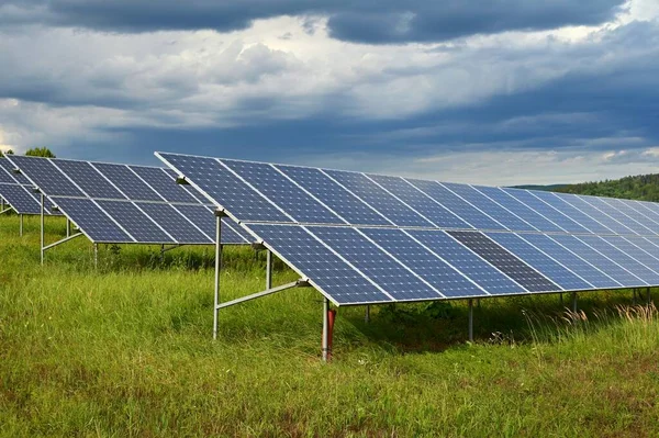 Technology solar cell. Solar panels on the sky background. Power plant. Alternative source of electricity. Solar farm.