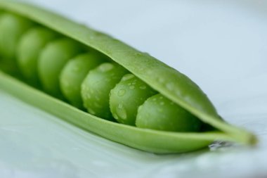 Beyaz zemin üzerinde su damlaları olan taze yeşil bezelye kabuğu