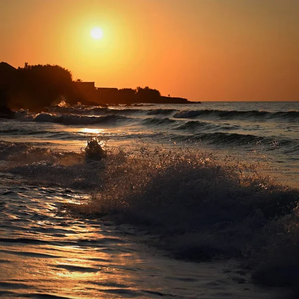 Beautiful Sunset Beach Sea Waves Sea Greece Corfu Island Kerkyra — Stock Photo, Image