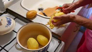 Bir kadın mutfakta patatesle yemek hazırlıyor.