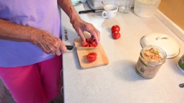 Kadın taze sebzelerle ev yapımı domates ezmesi hazırlıyor..