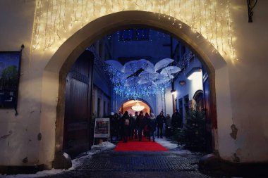 Christmas background - umbrellas. Christmas decorations in the city of Brno - Czech Republic. clipart