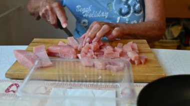 Bir kadın mutfakta et yemeği hazırlıyor. Yemek ve yemek hazırlama kavramı..