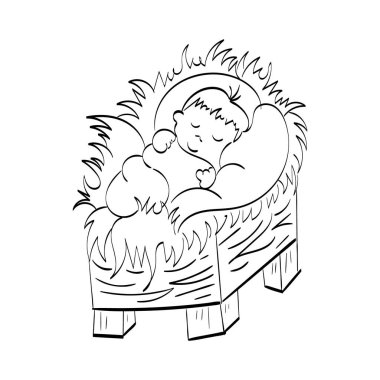 Bebek İsa beşik ahırında İsa 'nın doğumu, Mutlu Noeller vektör illüstrasyonu