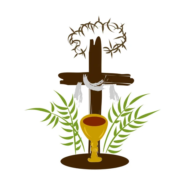Die Karwoche Christliche Ostersymbole Palmzweig Jesuskreuz Dornenkrone Schale Und Brot — Stockvektor