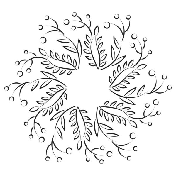 無料刺繍パターン 印刷可能な葉のリース 手描き黒と白の花の花輪 — ストックベクタ
