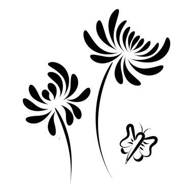 Çiçeğin siyah siluetleri, bitki süsü. Çiçek ve girdaplar baskı için tasarlanır ya da poster, kart, el ilanı ya da tişört olarak kullanılır