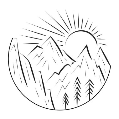 Kamp Doğa Macerası vahşi çizgi sanatı. Baskı için vahşi doğa illüstrasyonu veya poster, kart, el ilanı veya tişört olarak kullanılması