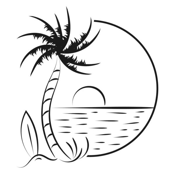 Ilustração Linha Cenário Praia Desenho Linha Palmeira Para Impressão Uso — Vetor de Stock