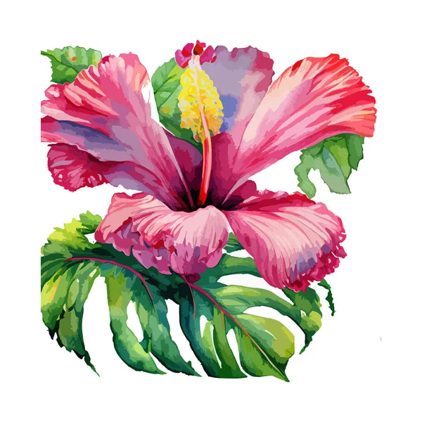 Elinvoimainen Hibiscus Kukkia Trooppisessa Paratiisissa Akvarelli Tyyliin — vektorikuva