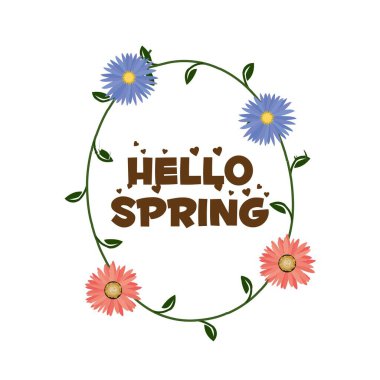 Kaligrafi sezonuyla Hello Spring. Baskı için çiçek çelengi tasarımı ya da poster, kart, broşür ya da tişört olarak kullanılması