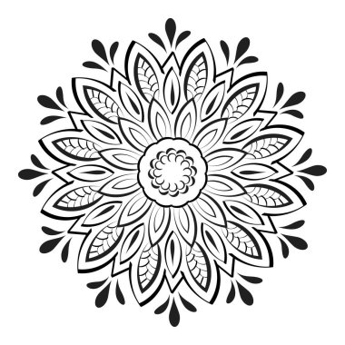 Boyama kitabı sayfaları için dairesel desen siyah ve beyaz çiçekli mandala taslağı