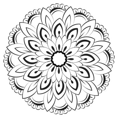Boyama kitabı sayfaları için dairesel desen siyah ve beyaz çiçekli mandala taslağı