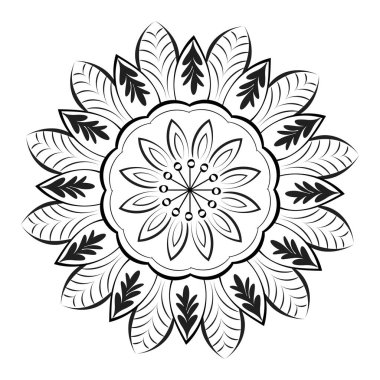 Boyama kitabı sayfaları için dairesel desen siyah ve beyaz çiçekli mandala taslağı