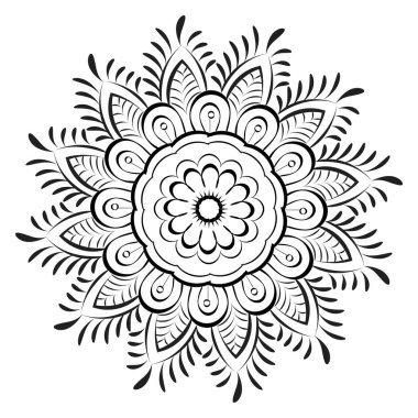 Boyama kitabı sayfaları için dairesel desen siyah ve beyaz çiçekli mandala taslağı