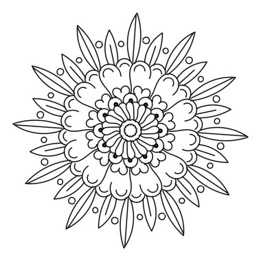 Boyama kitabı sayfaları için dairesel desen siyah ve beyaz çiçekli mandala taslağı