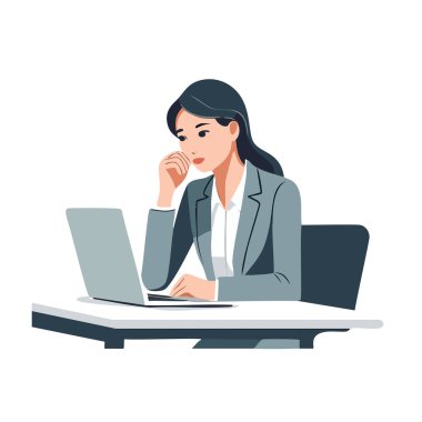 Bilgisayarın önünde duran bir kişinin tasviri. Düz tasarım, yumuşak renk paleti.