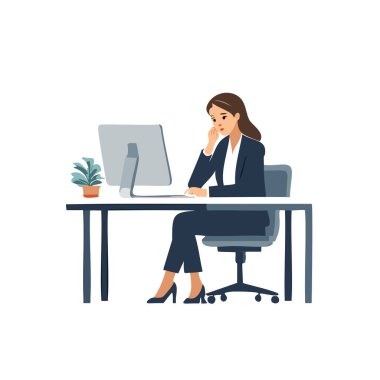 Bilgisayarın önünde duran bir kişinin tasviri. Düz tasarım, yumuşak renk paleti.