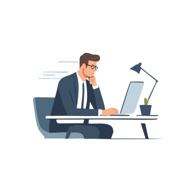 Bilgisayarın önünde duran bir kişinin tasviri. Düz tasarım, yumuşak renk paleti.