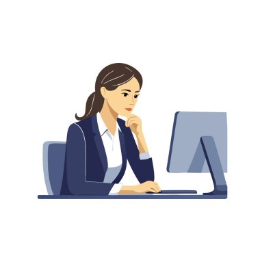 Bilgisayarın önünde duran bir kişinin tasviri. Düz tasarım, yumuşak renk paleti.