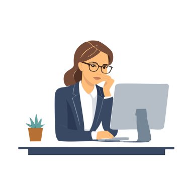 Bilgisayarın önünde duran bir kişinin tasviri. Düz tasarım, yumuşak renk paleti.