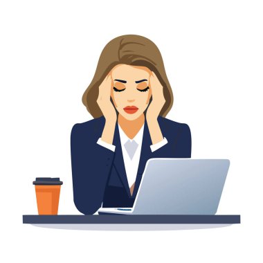 Bilgisayarın önünde duran bir kişinin tasviri. Düz tasarım, yumuşak renk paleti.