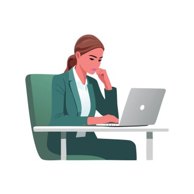 Bilgisayarın önünde duran bir kişinin tasviri. Düz tasarım, yumuşak renk paleti.