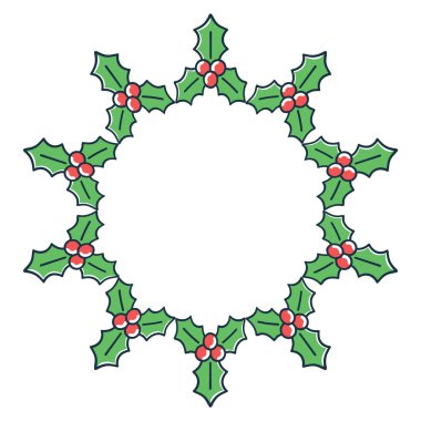 Şenlikli Noel çelengi çizimi. Bayram çelengi, kutsal yapraklar ve çanlar Noel süslemeleri, klasik Noel çelenkleri.. 