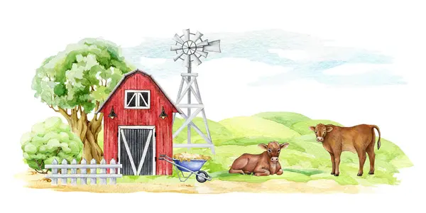 Krajina Hospodářskými Zvířaty Ilustrace Akvarelů Zelené Pole Červená Stodola Keře — Stock fotografie