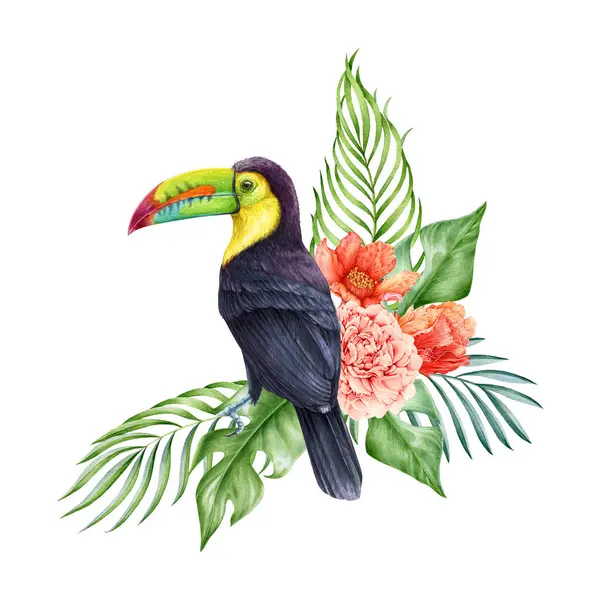 ヤシの葉とトゥカン鳥の花の装飾 水彩イラスト エキゾチックなジャングルの明るい鳥と手描きの熱帯花 トロピカルな花の装飾 ホワイトバック — ストック写真