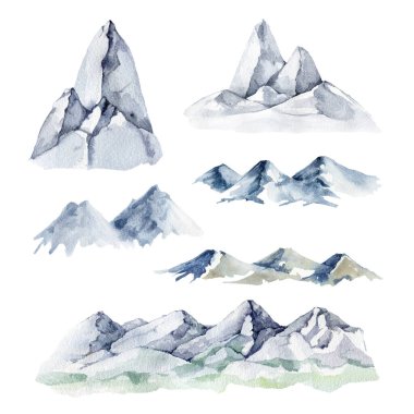 Dağ, tepe, kaya peyzajı. Suluboya çizimi. El çizimi Rocky Hills koleksiyonu. Dağ sırası doğa manzaralı nesneler. Beyaz arkaplanda izole.