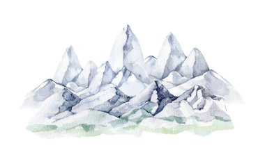 Dağ manzarası elementi. Suluboya çizimi. Tepeleri olan kayalık tepeler. Dağ sırası doğa manzaralı nesne. Beyaz arkaplanda izole.